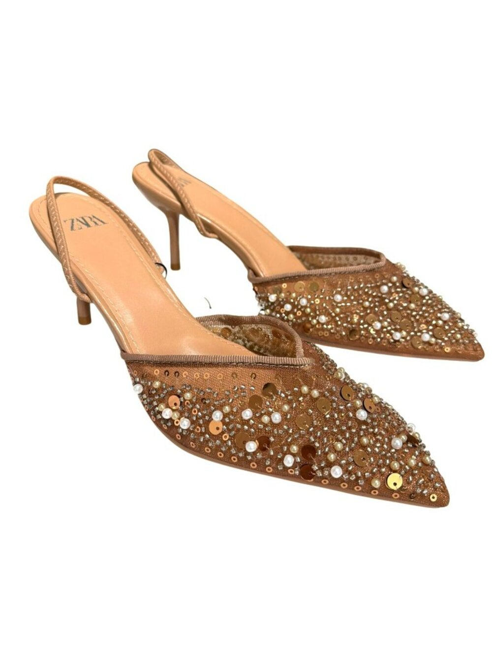 New Zara Bronze Brown Embellished Slingback Heels With Pearls & Sequins